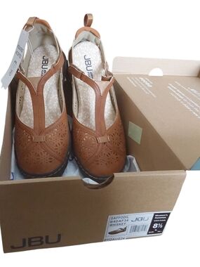 JBU Women's Whiskey Brown Laser-Cut T-Strap Mules